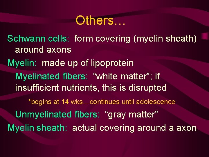 Others… Schwann cells: form covering (myelin sheath) around axons Myelin: made up of lipoprotein