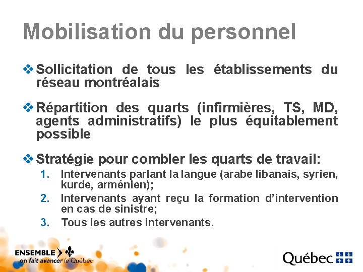 Mobilisation du personnel v Sollicitation de tous les établissements du réseau montréalais v Répartition