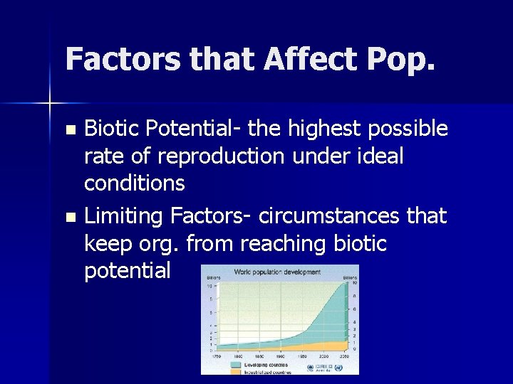 Factors that Affect Pop. Biotic Potential- the highest possible rate of reproduction under ideal