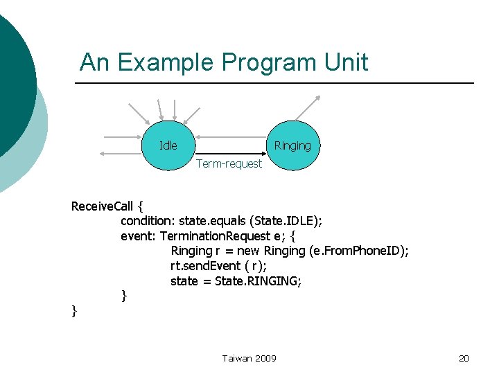 An Example Program Unit Idle Ringing Term-request Receive. Call { condition: state. equals (State.