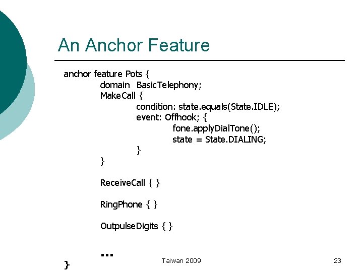 An Anchor Feature anchor feature Pots { domain Basic. Telephony; Make. Call { condition: