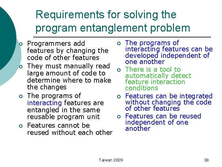 Requirements for solving the program entanglement problem ¡ ¡ Programmers add features by changing