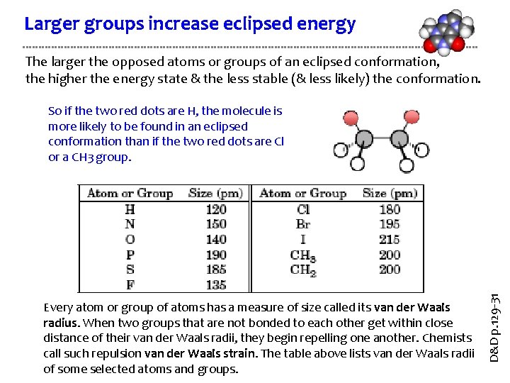 Larger groups increase eclipsed energy The larger the opposed atoms or groups of an Larger groups increase eclipsed energy The larger the opposed atoms or groups of an