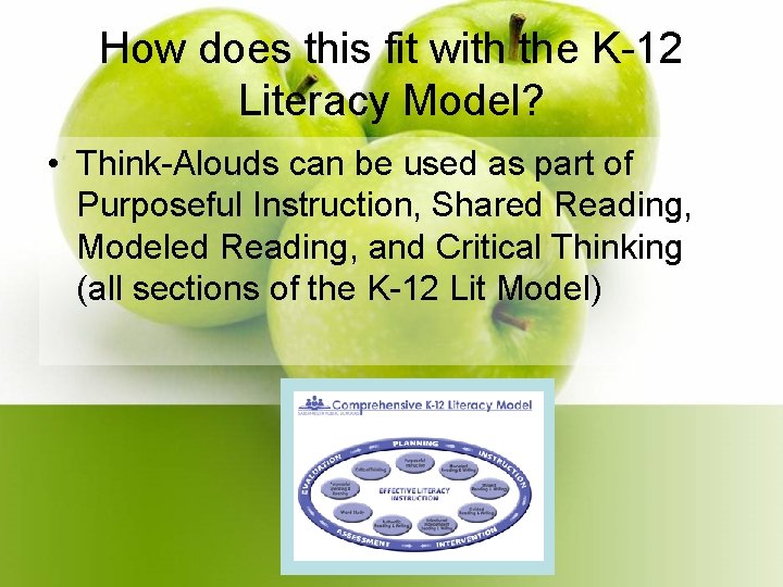 How does this fit with the K-12 Literacy Model? • Think-Alouds can be used