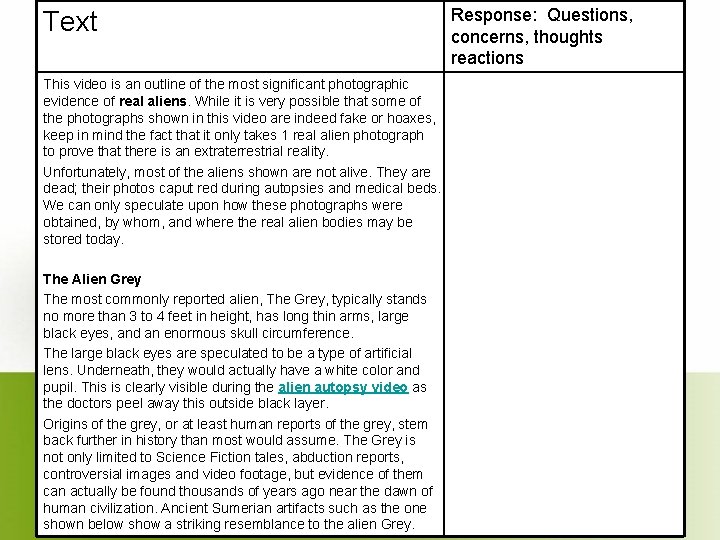 Text Response: Questions, concerns, thoughts reactions 1. Teacher Modeled This video is an outline