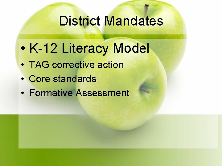 District Mandates • K-12 Literacy Model • TAG corrective action • Core standards •