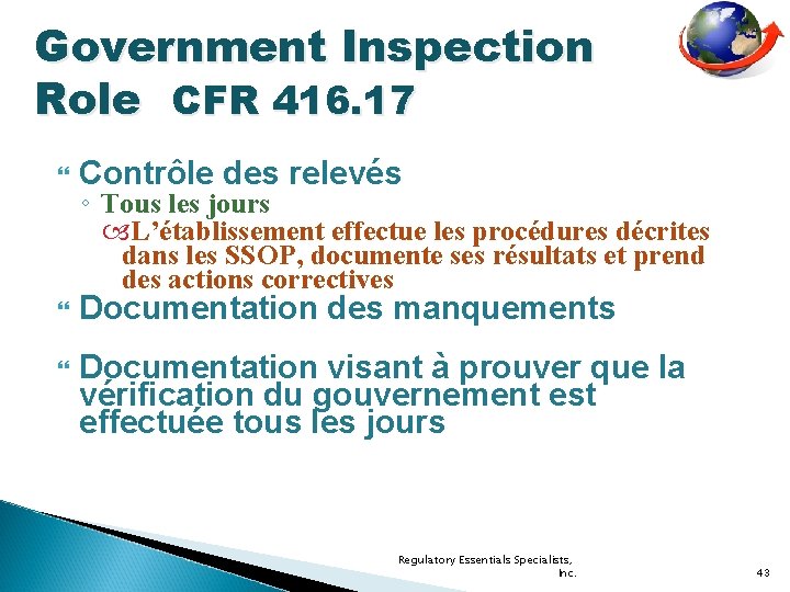 Government Inspection Role CFR 416. 17 Contrôle des relevés Documentation des manquements Documentation visant