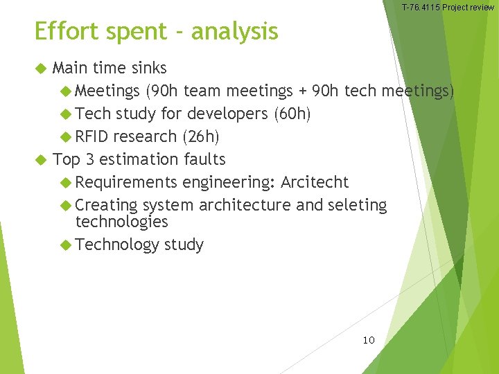 T-76. 4115 Project review Effort spent - analysis Main time sinks Meetings (90 h