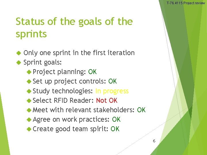 T-76. 4115 Project review Status of the goals of the sprints Only one sprint