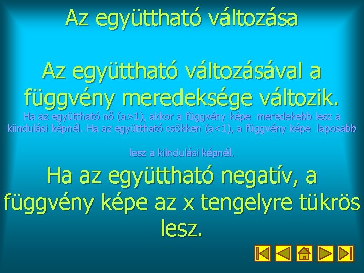 Az együttható változása Az együttható változásával a függvény meredeksége változik. Ha az együttható nő