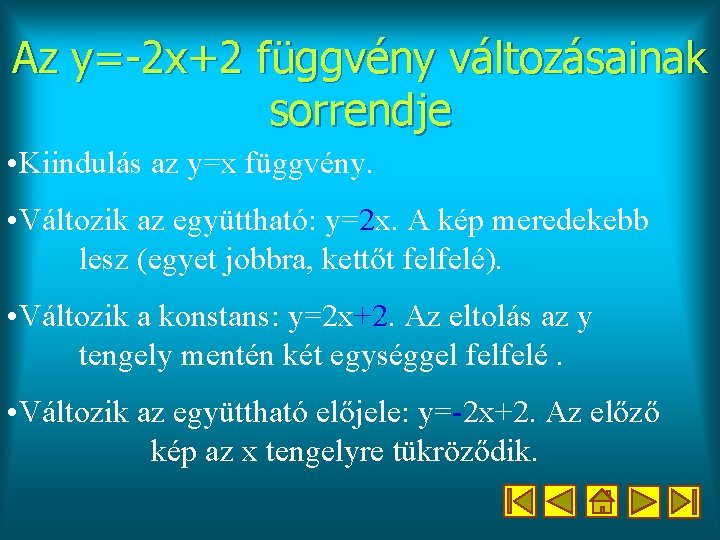 Az y=-2 x+2 függvény változásainak sorrendje • Kiindulás az y=x függvény. • Változik az