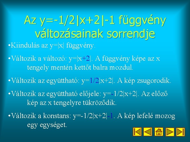 Az y=-1/2|x+2|-1 függvény változásainak sorrendje • Kiindulás az y=|x| függvény. • Változik a változó: