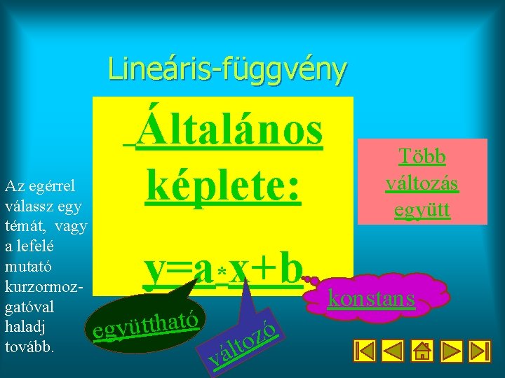 Lineáris-függvény Az egérrel válassz egy témát, vagy a lefelé mutató kurzormozgatóval haladj tovább. Általános