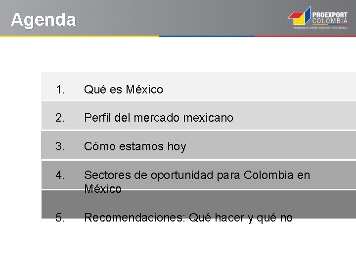 Agenda 1. Qué es México 2. Perfil del mercado mexicano 3. Cómo estamos hoy