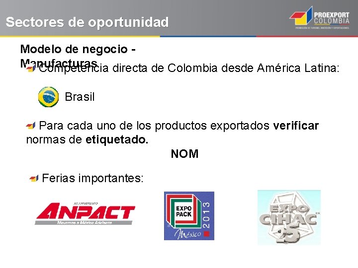 Sectores de oportunidad Modelo de negocio Manufacturas Competencia directa de Colombia desde América Latina: