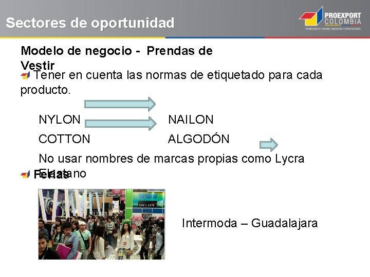 Sectores de oportunidad Modelo de negocio - Prendas de Vestir Tener en cuenta las