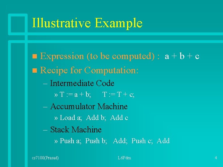 Illustrative Example Expression (to be computed) : a + b + c n Recipe