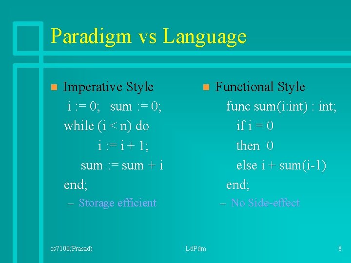 Paradigm vs Language n Imperative Style i : = 0; sum : = 0;