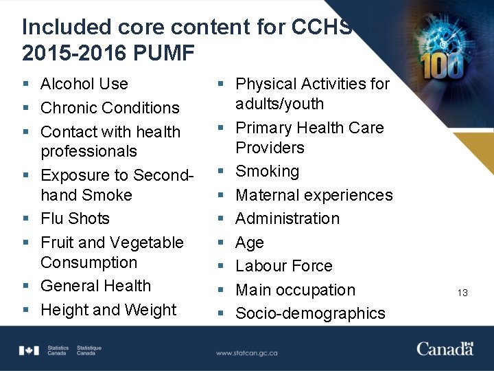 Included core content for CCHS 2015 -2016 PUMF § Alcohol Use § Chronic Conditions