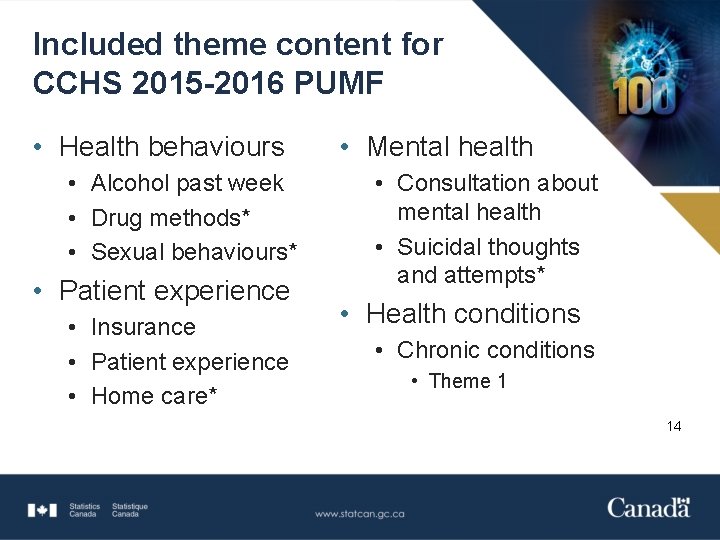 Included theme content for CCHS 2015 -2016 PUMF • Health behaviours • Alcohol past