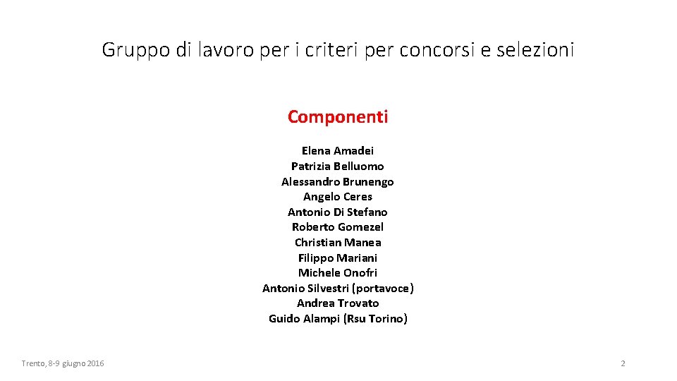 Gruppo di lavoro per i criteri per concorsi e selezioni Componenti Elena Amadei Patrizia