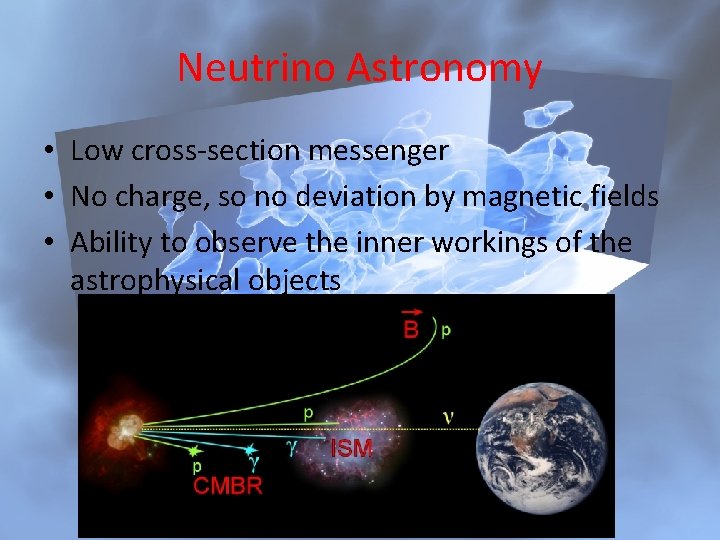 Neutrino Astronomy • Low cross-section messenger • No charge, so no deviation by magnetic