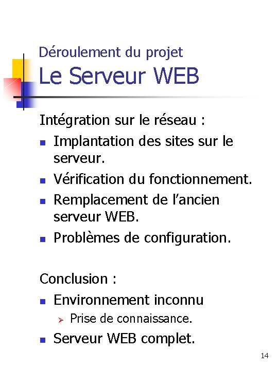 Déroulement du projet Le Serveur WEB Intégration sur le réseau : Implantation des sites