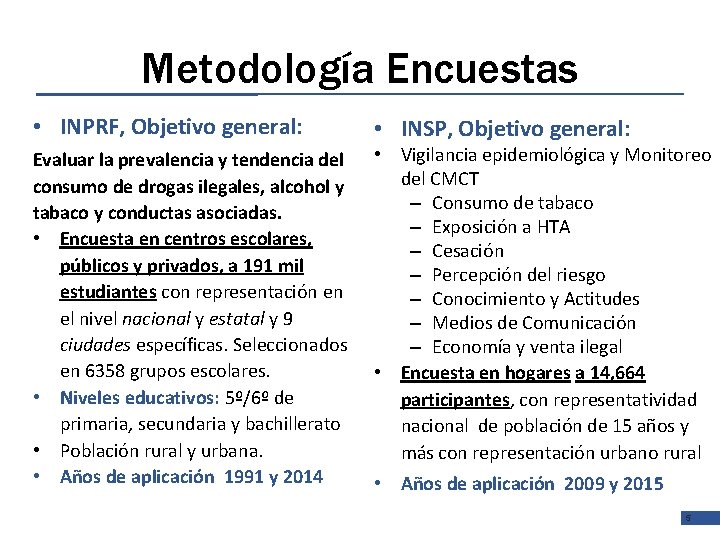 Metodología Encuestas • INPRF, Objetivo general: • INSP, Objetivo general: Evaluar la prevalencia y