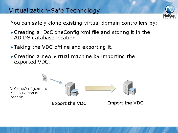 Virtualization-Safe Technology You can safely clone existing virtual domain controllers by: • Creating a