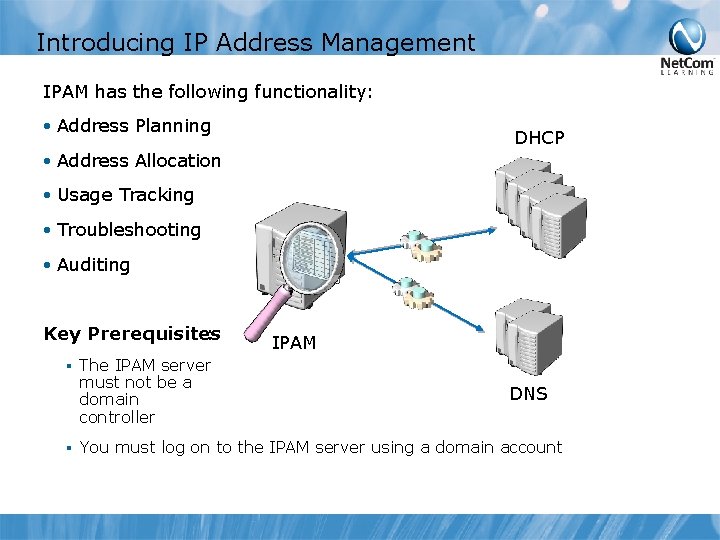 Introducing IP Address Management IPAM has the following functionality: • Address Planning DHCP •