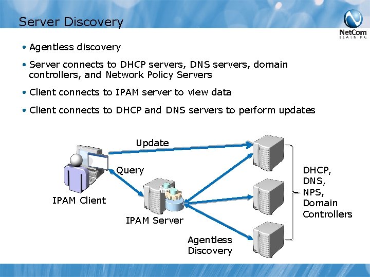 Server Discovery • Agentless discovery • Server connects to DHCP servers, DNS servers, domain