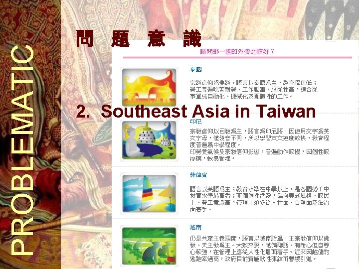 PROBLEMATIC 問 題 意 識 2. Southeast Asia in Taiwan 