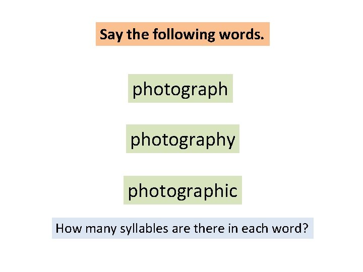 Say the following words. photography photographic How many syllables are there in each word?