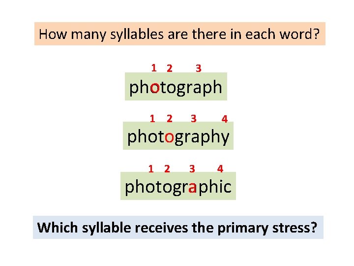 How many syllables are there in each word? 1 2 3 o photograph 1