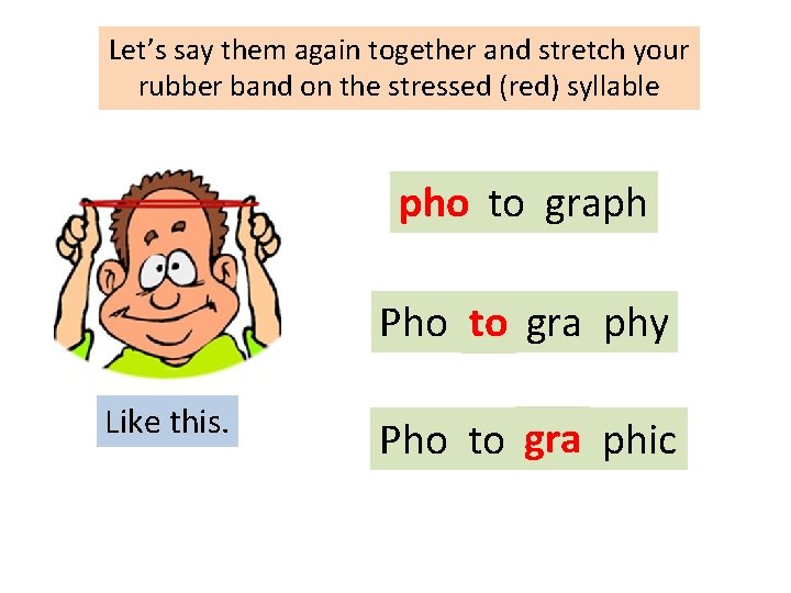 Let’s say them again together and stretch your rubber band on the stressed (red)
