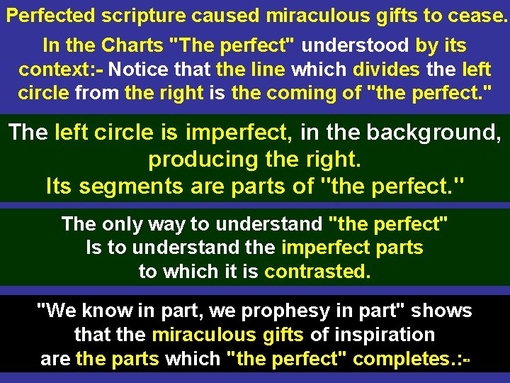 Perfected scripture caused miraculous gifts to cease. In the Charts "The perfect" understood by