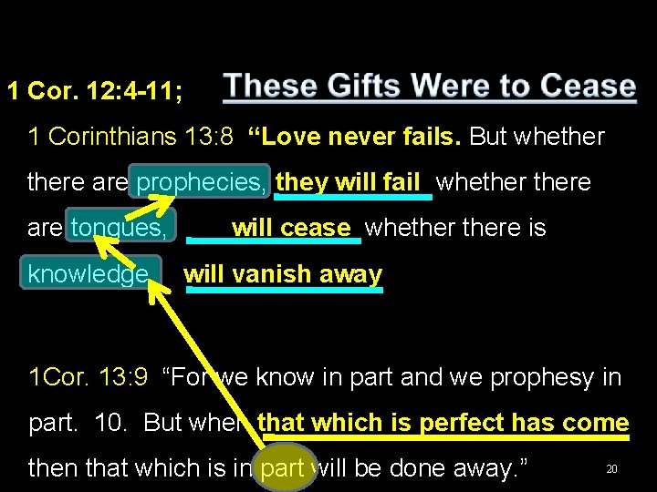 1 Cor. 12: 4 -11; 1 Corinthians 13: 8 “Love never fails. But whethere