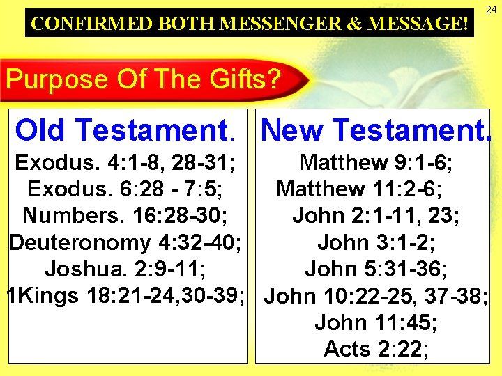 CONFIRMED BOTH MESSENGER & MESSAGE! 24 Purpose Of The Gifts? Old Testament. New Testament.