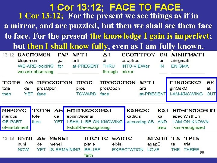 1 Cor 13: 12; FACE TO FACE. 1 Cor 13: 12; For the present