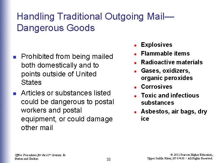 Handling Traditional Outgoing Mail— Dangerous Goods n n n Prohibited from being mailed both