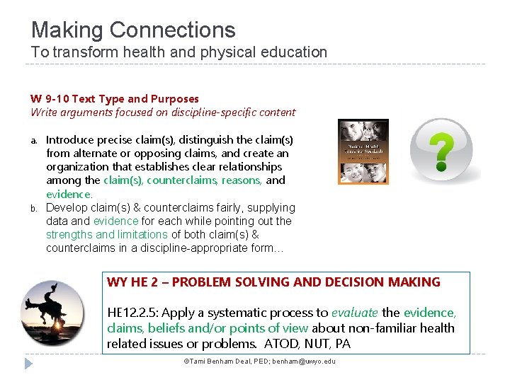 Making Connections To transform health and physical education W 9 -10 Text Type and