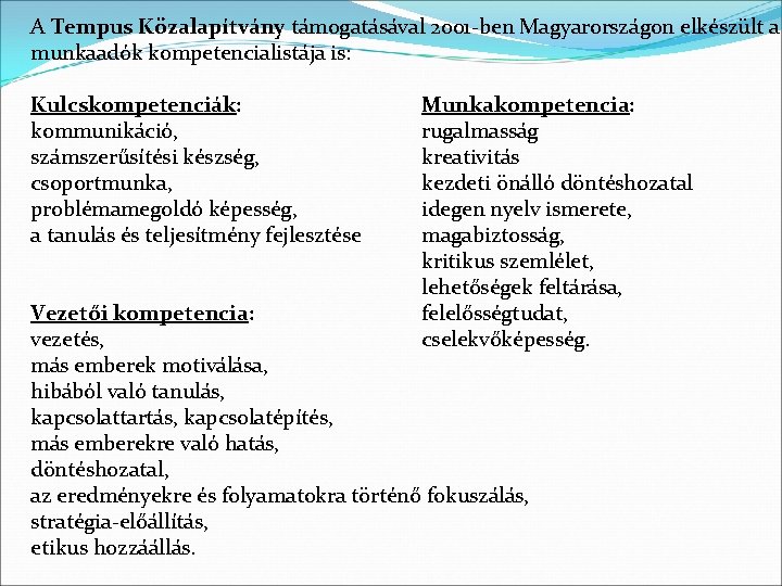 A Tempus Közalapítvány támogatásával 2001 -ben Magyarországon elkészült a munkaadók kompetencialistája is: Kulcskompetenciák: kommunikáció,