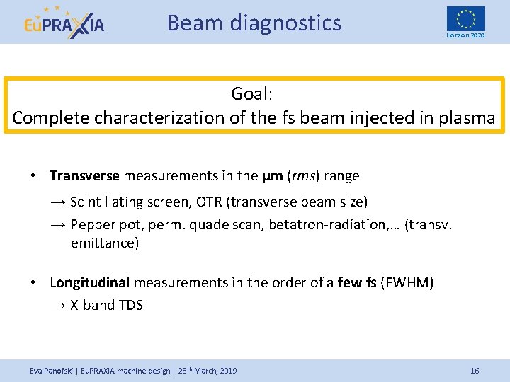 Beam diagnostics Horizon 2020 Goal: Complete characterization of the fs beam injected in plasma