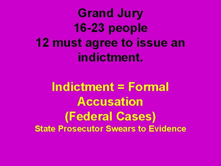 Grand Jury 16 -23 people 12 must agree to issue an indictment. Indictment =