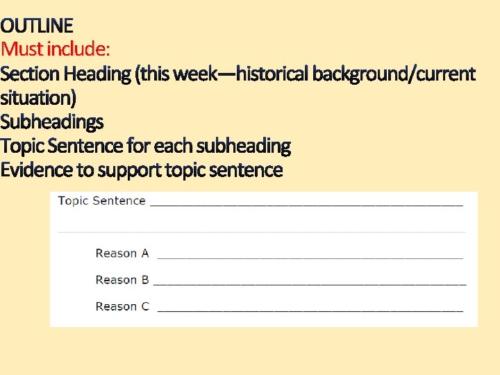 OUTLINE Must include: Section Heading (this week—historical background/current situation) Subheadings Topic Sentence for each