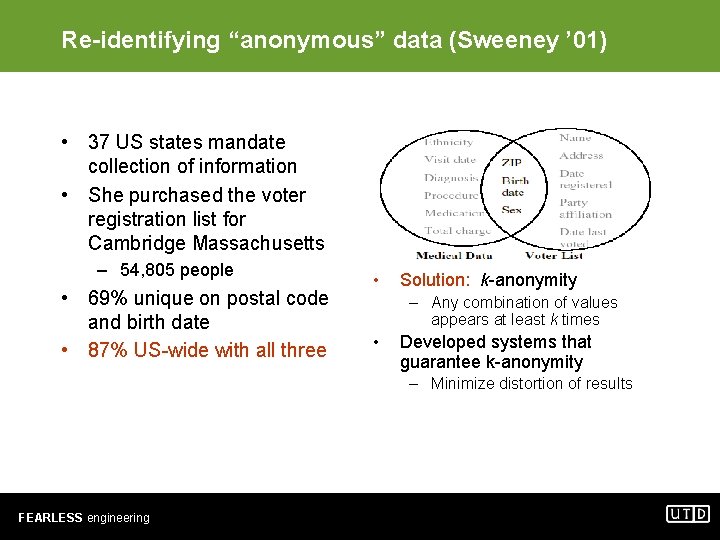 Re-identifying “anonymous” data (Sweeney ’ 01) • 37 US states mandate collection of information