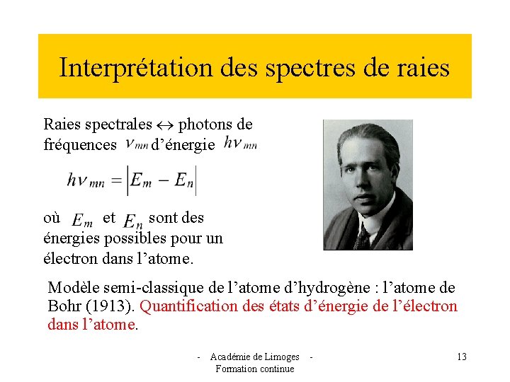 Interprétation des spectres de raies Raies spectrales photons de fréquences d’énergie où et sont