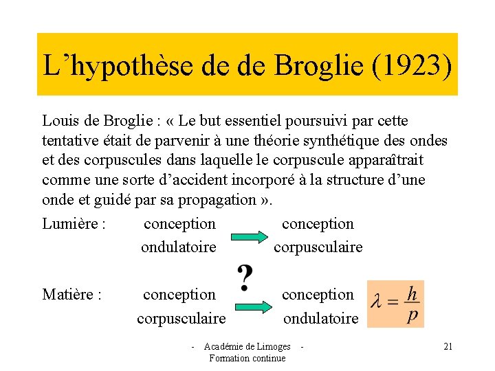 L’hypothèse de de Broglie (1923) Louis de Broglie : « Le but essentiel poursuivi