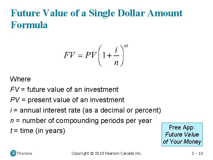 Future Value of a Single Dollar Amount Formula Where FV = future value of