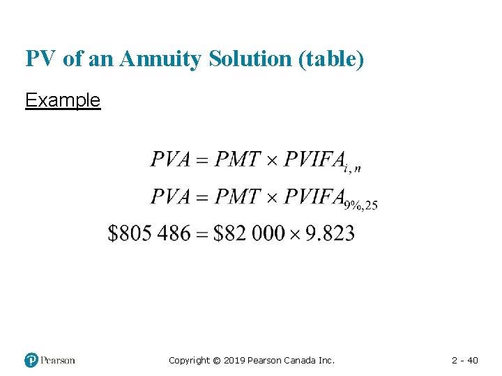 PV of an Annuity Solution (table) Example Copyright © 2019 Pearson Canada Inc. 2